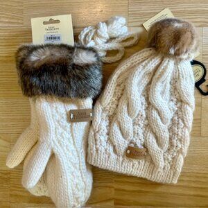 Cableknit Hat and Mitten Set with Faux Fur accents